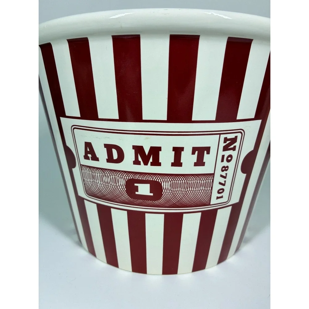 Williams Sonoma Popcorn Bowl Ceramic Red White Striped Admit One Movie Night